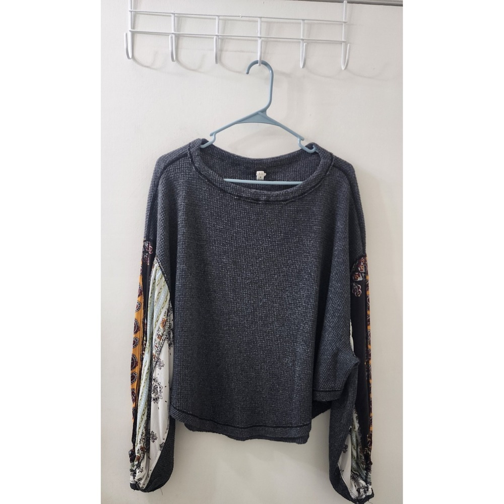 Free People We The Free Mixed Print Waffle Knit Thermal Top Grey XS Bohemian